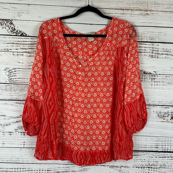 Women's Lucky Brand Coral White Boho Silky Sheer 3/4 Sleeve Flowy Blouse- 1X - Picture 1 of 6